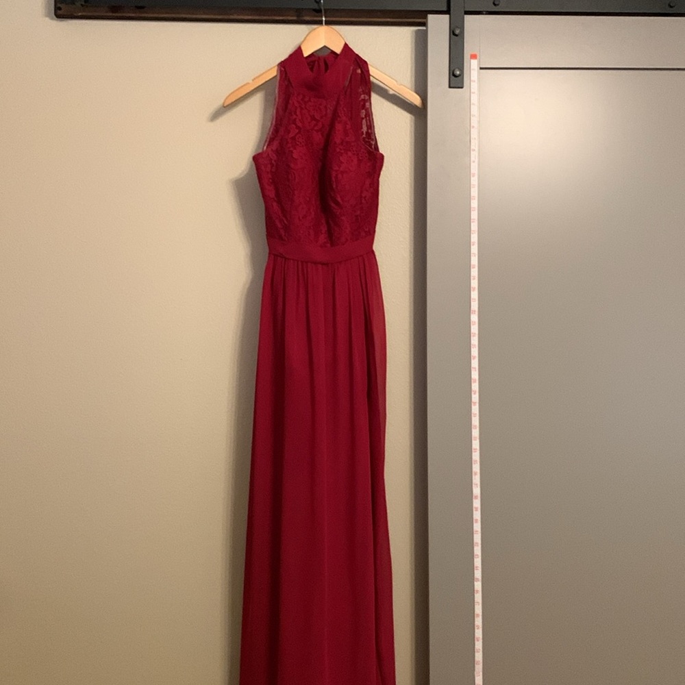 Burgundy High Neck Line Chiffon Bridesmaid Dress Azazie Keyhole Back w/ pockets - Picture 7 of 7